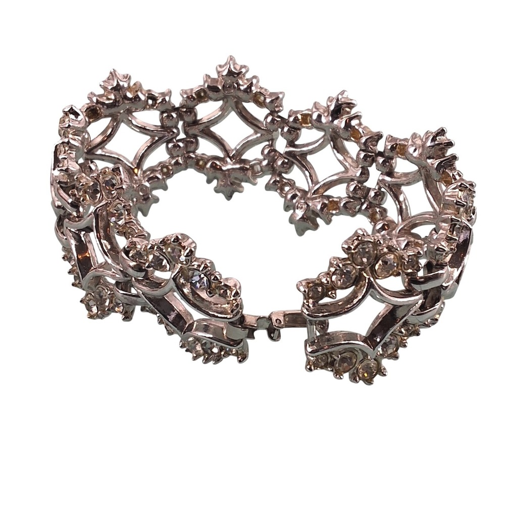Vintage Silver Tone Rhinestone‎ Geometric Link Bracelet Art Deco 1950s